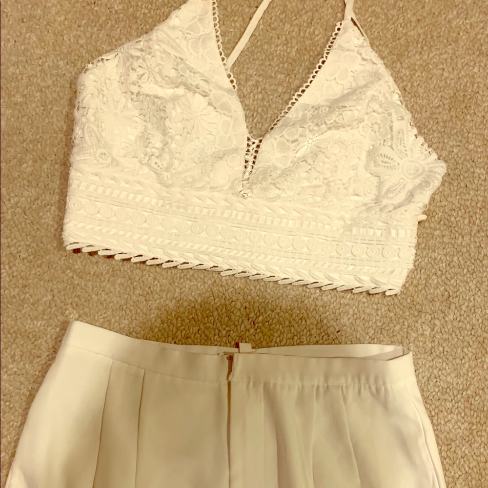 Two-Piece White Lace Crop Top + White Pants
